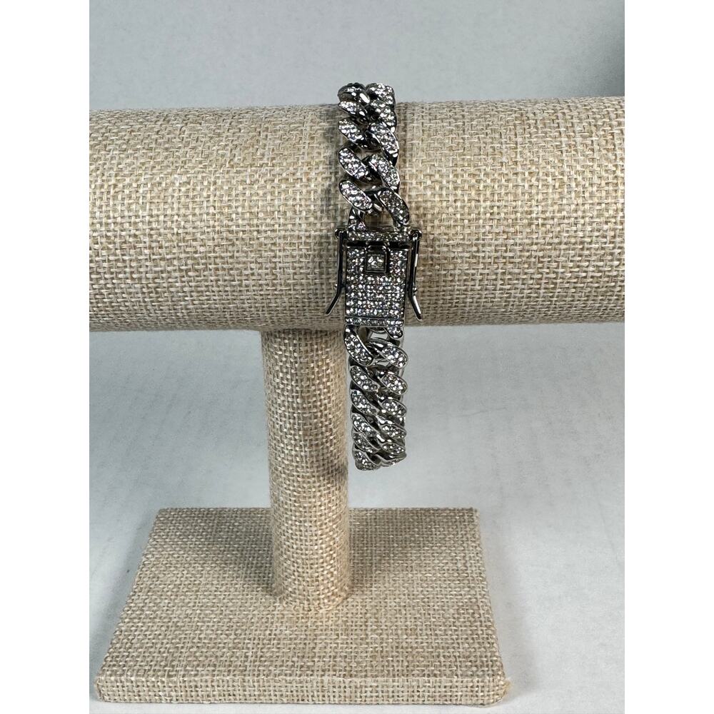 Silver Tone Iced Cuban Link Bracelet Rhinestone Fashion Jewelry